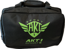 Load image into Gallery viewer, Black range bag with green 'AKT1 Sport' logo on a white background