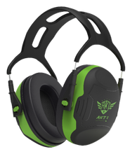 Load image into Gallery viewer, Black and green passive ear protection headphones with 'AKT1 Sport' branding and headband with breathable openings on top