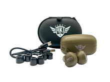 Load image into Gallery viewer, Blackout HT earbuds, army green charging case with white AKT1 Sport logo, black carry case with white AKT1 Sport logo, USB-C charging cord and three different sizes of black foam eartips in size large, medium and small. Silicon eartip is shown on the earbuds.