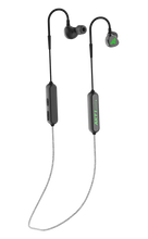 Load image into Gallery viewer, Strikepro HTBT 2.0 electronic earbuds with bluetooth in all black and bright green AKT1 Sport logo on earbuds with black and light gray neck cord