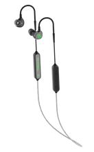 Load image into Gallery viewer, Black StrikePro HTBT 2.0 electronic earbuds with bright green AKT1 Sport logo