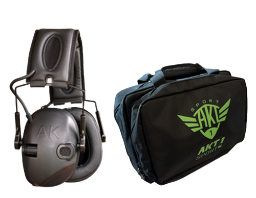 AK Premium electronic earmuff in all black with AK earcup and black dual range bag with bright green AKT1 Sport logo