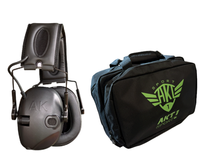 AK Premium electronic earmuff in all black with AK earcup and black dual range bag with bright green AKT1 Sport logo