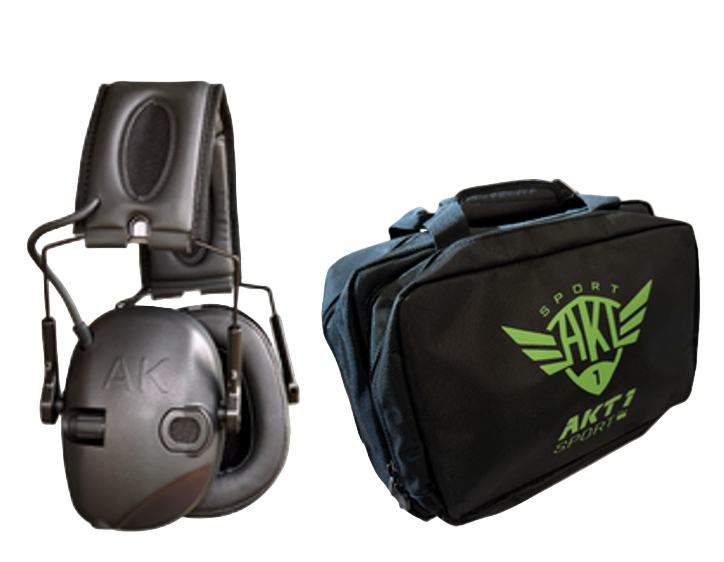 AK Premium electronic earmuff in all black with AK earcup and black dual range bag with bright green AKT1 Sport logo