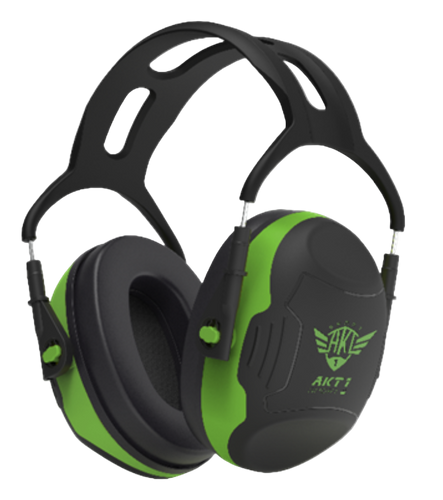 Black and green passive ear protection headphones with 'AKT1 Sport' branding and headband with breathable openings on top