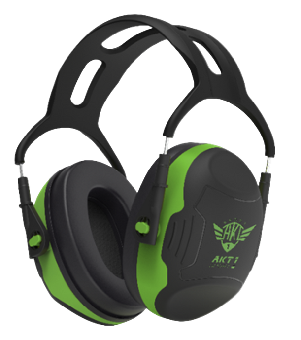 Black and green passive ear protection headphones with 'AKT1 Sport' branding and headband with breathable openings on top