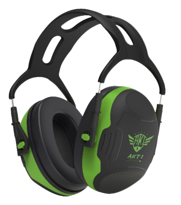 Black and green passive ear protection headphones with 'AKT1 Sport' branding and headband with breathable openings on top