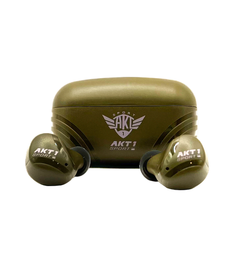 Blackout HT electronic earbuds with hunter green color and white AKT1 Sport logo on earbuds and charging case