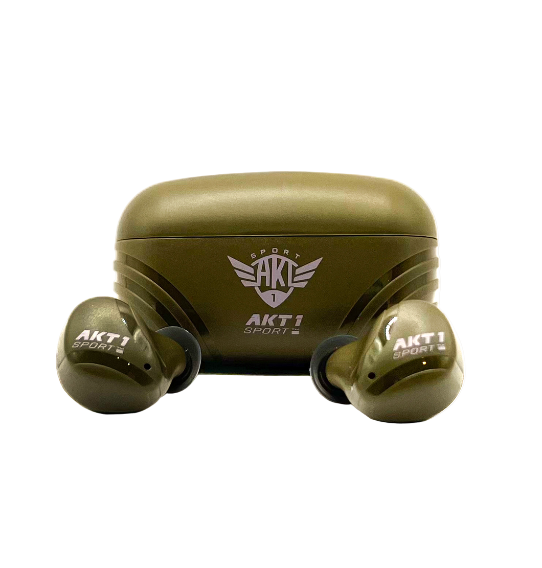 Blackout HT electronic earbuds with hunter green color and white AKT1 Sport logo on earbuds and charging case