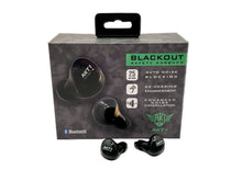 Load image into Gallery viewer, The image shows the Blackout TWS Earbuds with Bluetooth and Enhanced Noise Cancellation. The earbuds are black, and the packaging includes details about the product&#39;s features, such as Auto Noise Blocking, NRR 25dB, and Bluetooth connectivity.  The earbuds are very small and fit ergonomically in the ear. 
