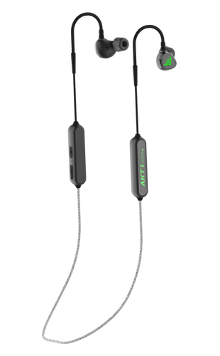 Strikepro HTBT 2.0 electronic earbuds with bluetooth in all black and bright green AKT1 Sport logo on earbuds with black and light gray neck cord