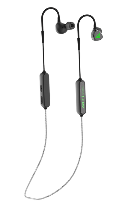 Strikepro HTBT 2.0 electronic earbuds with bluetooth in all black and bright green AKT1 Sport logo on earbuds with black and light gray neck cord