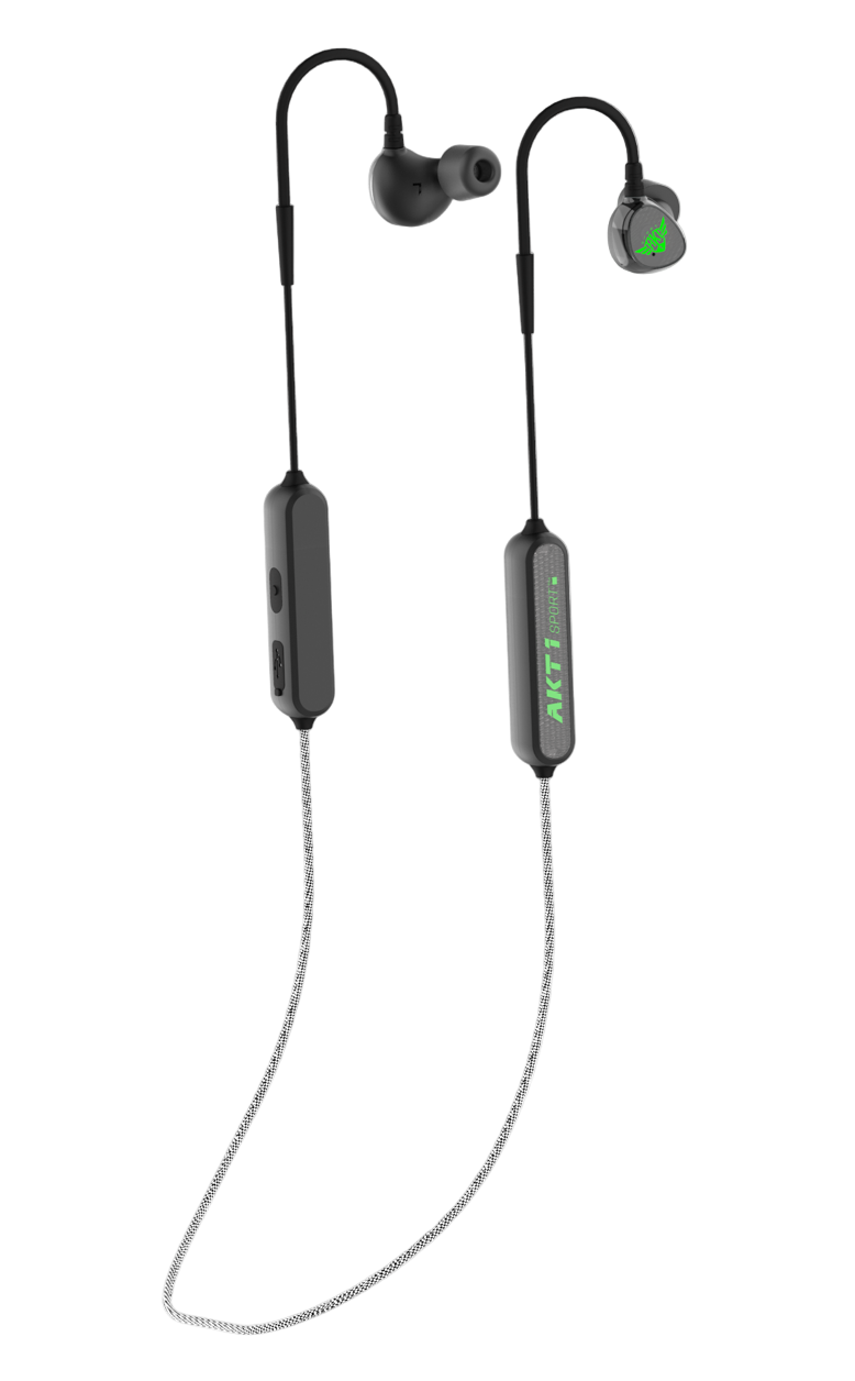 Strikepro HTBT 2.0 electronic earbuds with bluetooth in all black and bright green AKT1 Sport logo on earbuds with black and light gray neck cord
