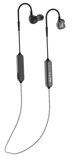 StrikePro HT 2.0 wireless earbuds with a visible white AKT1 Sport brand logo on black earbuds