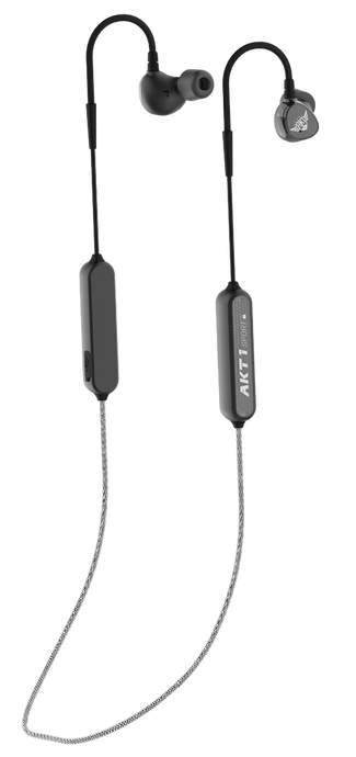 StrikePro HT 2.0 wireless earbuds with a visible white AKT1 Sport brand logo on black earbuds