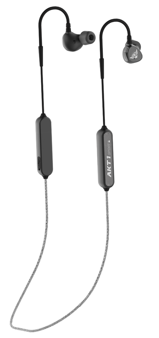 StrikePro HT 2.0 wireless earbuds with a visible white AKT1 Sport brand logo on black earbuds