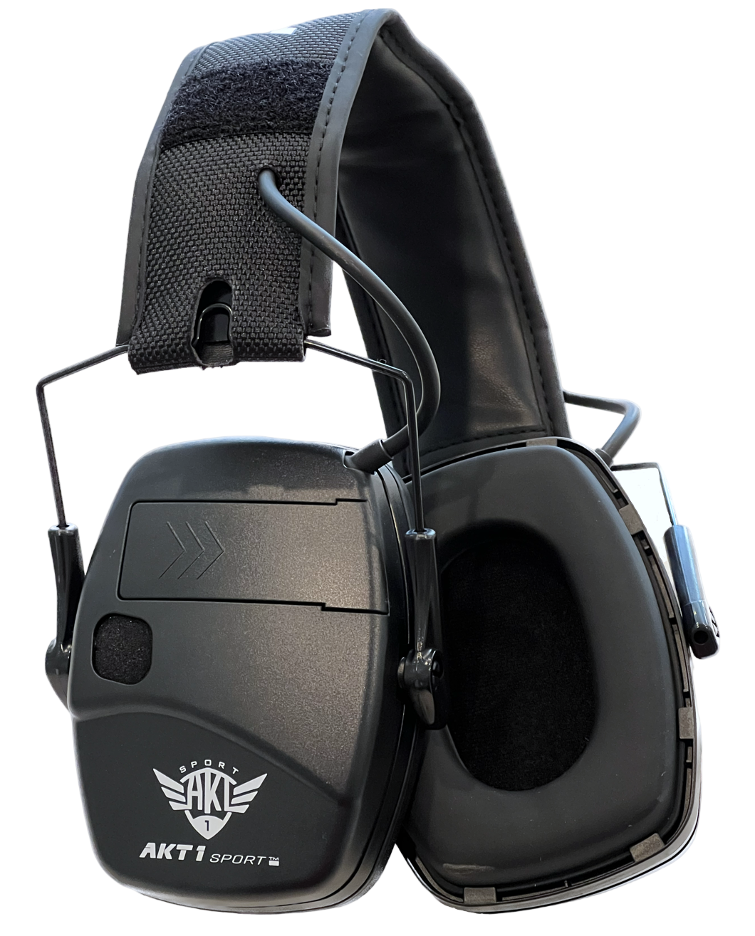 Black low-profile electronic ear muff with AKT1 Sport branding, designed for hearing enhancement and noise reduction.